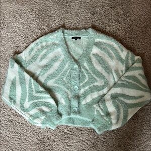 Papermoon Green and White Cardigan Plush Oversized Sweater Size S